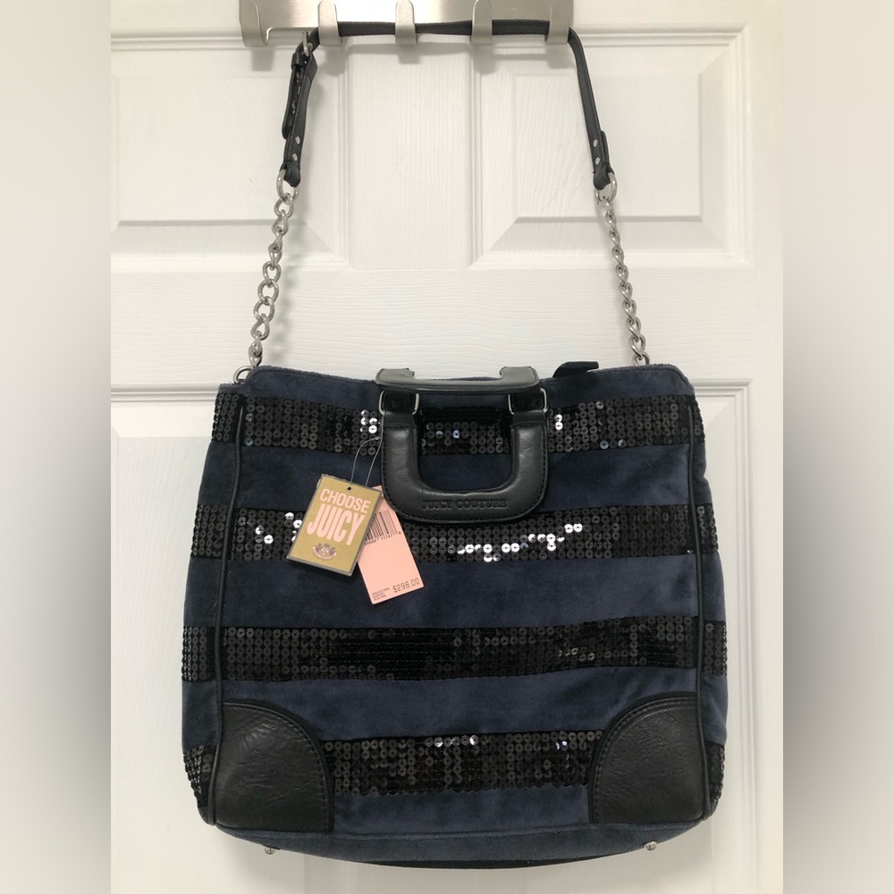 NWT Juicy Couture Black Shoulder Bag Chain Strap Sequin stripes navy velour Y2K